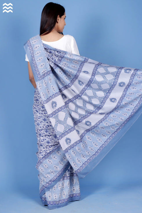 Cotton Silk Saree With Fall In Block Print